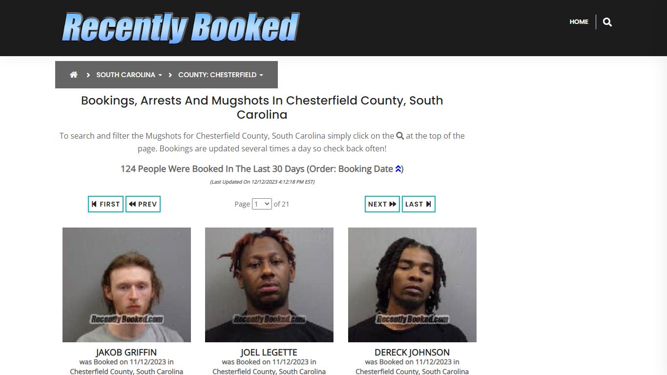 Bookings, Arrests and Mugshots in Chesterfield County, South Carolina